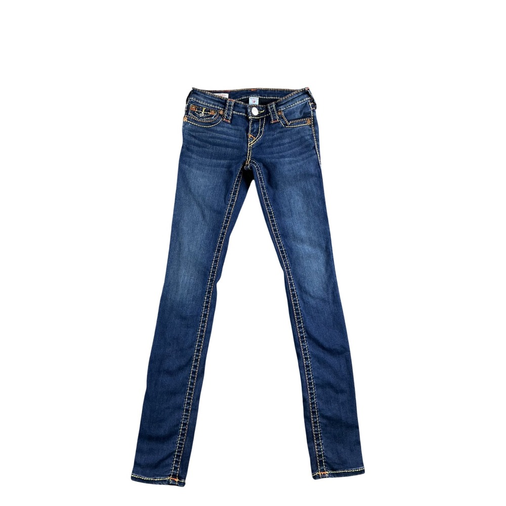 True Religion Stella Low Rise Skinny Jeans Dark Wash Contrast Stitch Size 25
